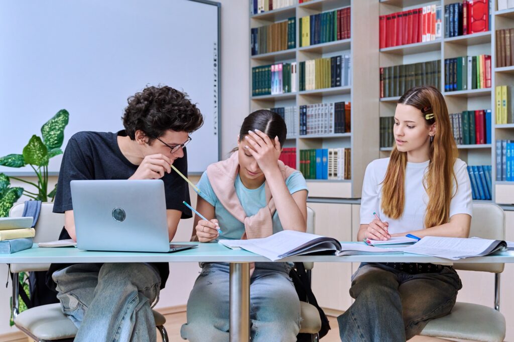 Group of high school students studying in library classroom